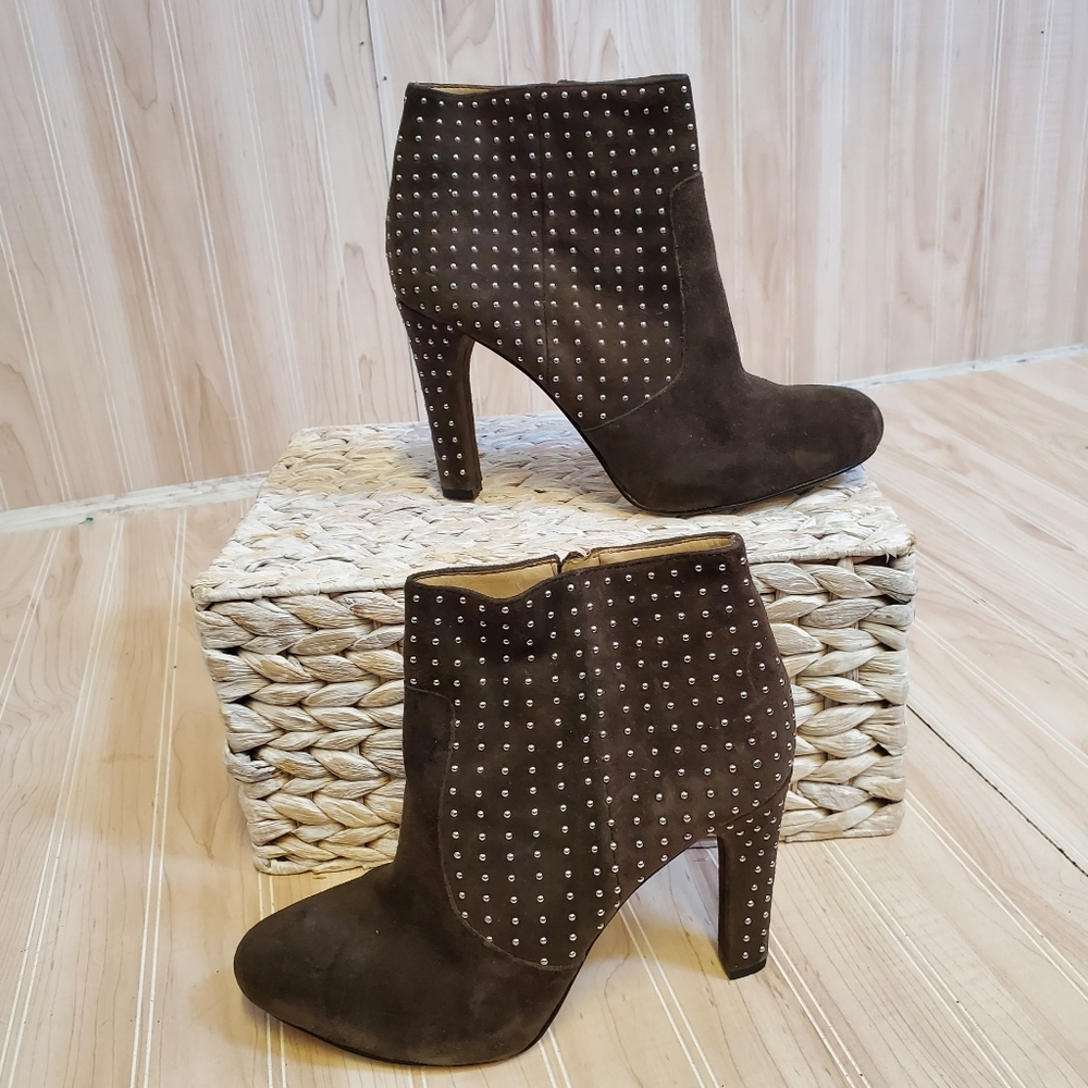 INC Grey ANKLE BOOTS Embellished Studded High Heel 6.5 Party Whimsigoth Clubwear